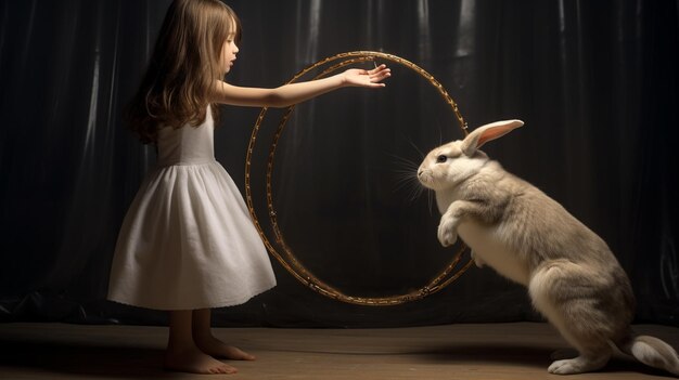 A Girl Teaching Her Pet Rabbit To Jump Through Wallpaper