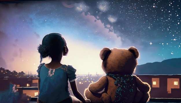 A girl and a teddy bear are looking at a city skyline.