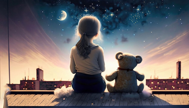 A girl and a teddy bear sit on a deck looking at the moon.