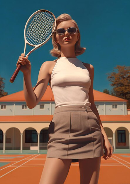 Girl On Tennis Court wearing a short skirt and sunglasses