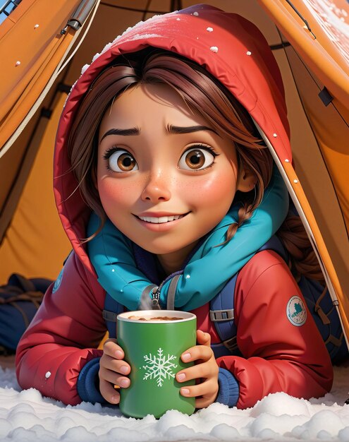 a girl in a tent with a cup of coffee