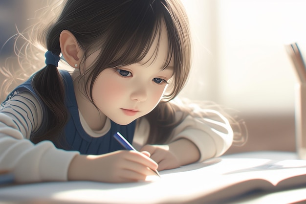 女の子が考え部屋で絵を描いて楽しんでいます