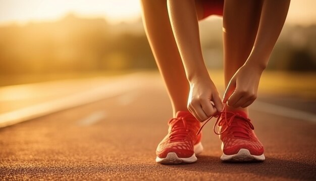 Girl tie her shoe before run on track race in the public park