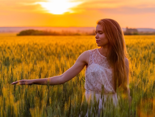 Girl touch ears of wheat at sunset