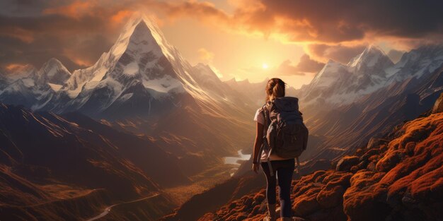 Девушка-туристка в горах с рюкзаком Активный образ жизни Фото высокого качества Генеративный AI
