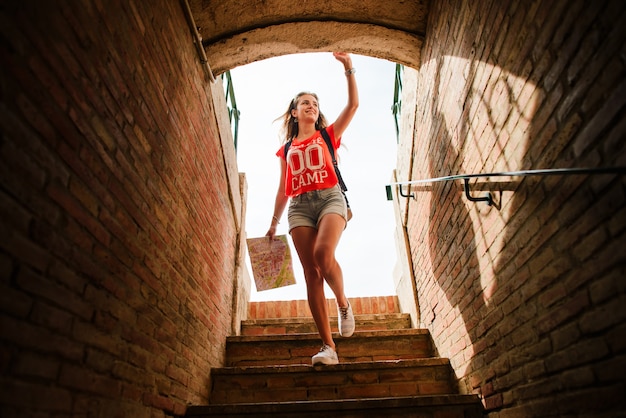 Girl tourist at Plaza del Toros, a bullfighting arena