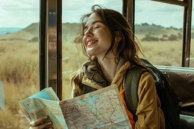 Девушка-туристка сидит в поезде рядом с окном, держит карту, рюкзак и улыбается.