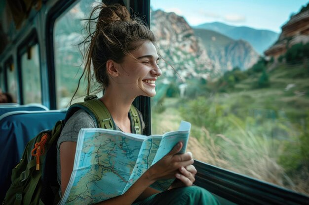 A girl tourist sits on a train near the window holds a map a backpack and smiles