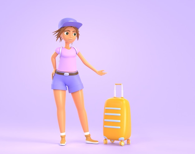 Photo girl tourist with yellow suitcase 3d render cartoon illustration of young woman traveler with luggage for vacation trip isolated on purple background summer travel concept