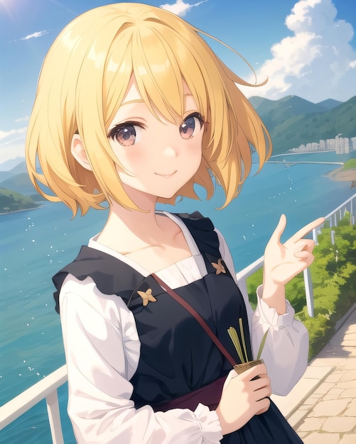 A girl in a town with a mountain in the background