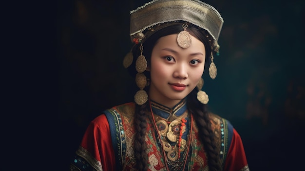 A girl in a traditional costume poses for a photo.