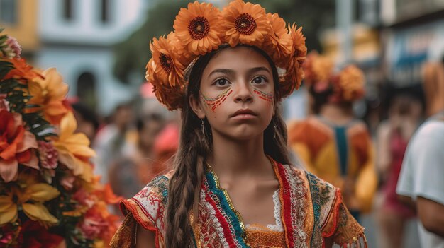 A girl in a traditional dress with flowers on her head stands in front of a crowd.