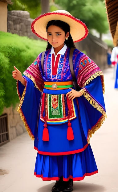 A girl in a traditional dress with a hat on.