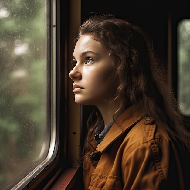 a girl on a train looking out the window