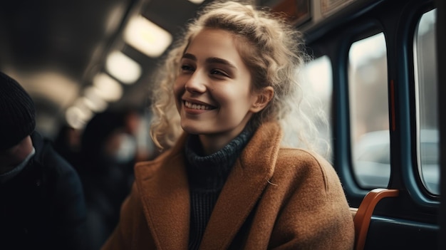 A girl on a train smiling and looking out the window