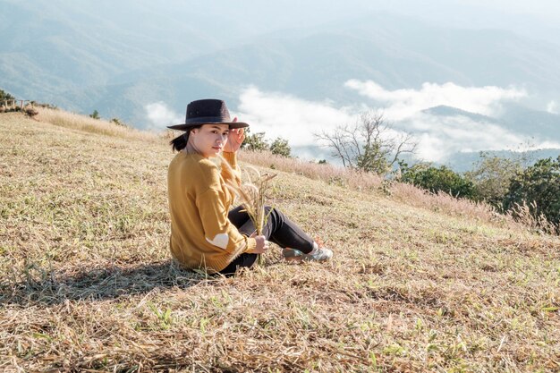 Girl travel in mountains alone