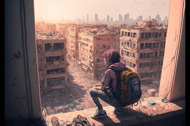 A girl traveler in a ruined city Digital art