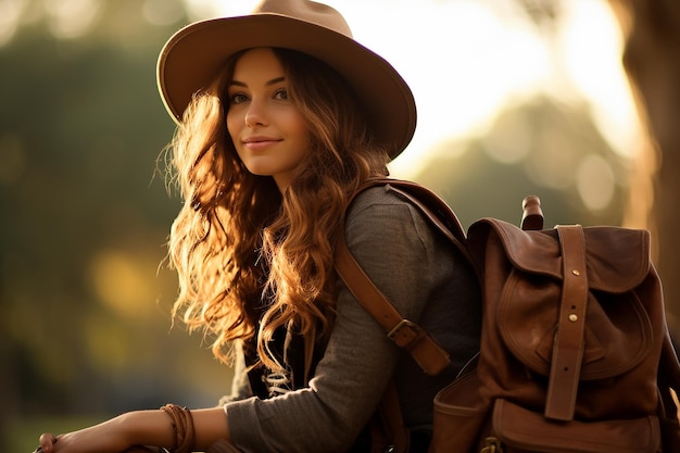 Girl traveler with backpack in nature