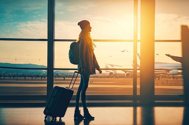 Девушка-путешественница с дорожным чемоданом ходит по аэропорту на посадку