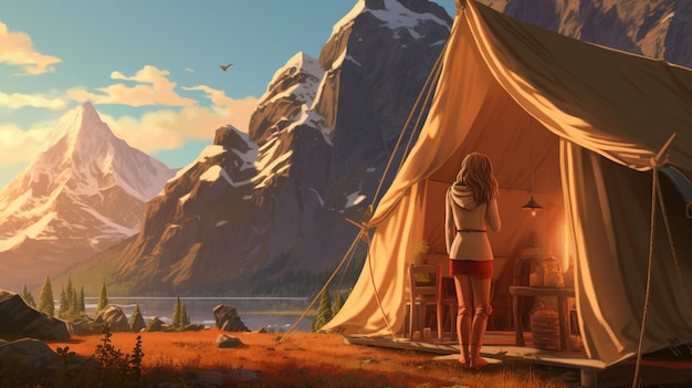Girl travels through the mountains glamping Illustration AI Generative