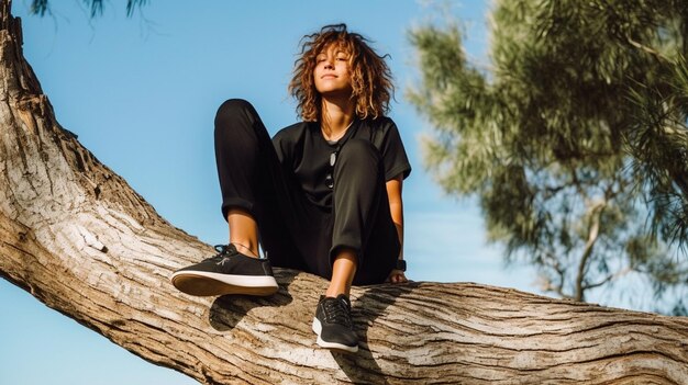 Photo a girl on a tree with a black jacket and pants