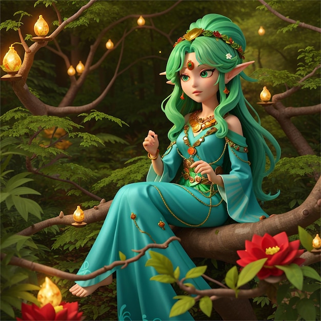 a girl in a tree with a candle in her hand