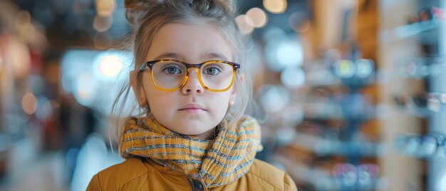 A girl trying new eyeglass in store with a big blurry backdrop of store and space for text or product advertisement Generative AI