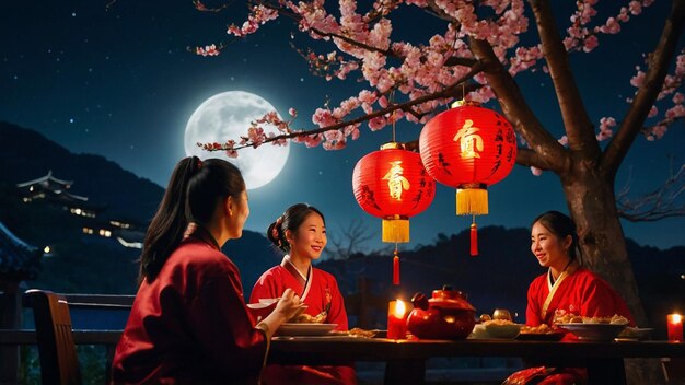 Photo a girl and two girls sit under a cherry blossom tree