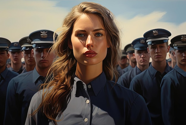 Foto una ragazza in uniforme guarda vicino a una bandiera americana in una folla nello stile dell'iperrealismo illusorio