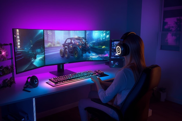 Girl uses a gaming pc with several monitors generative ai