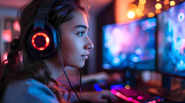 Photo girl using headphones while playing a game on her pc