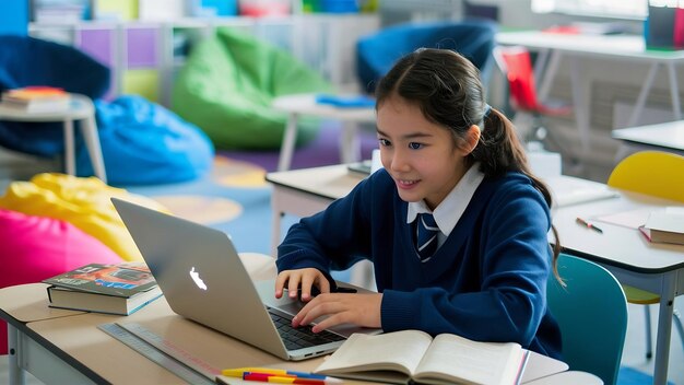 Girl using the laptop in class