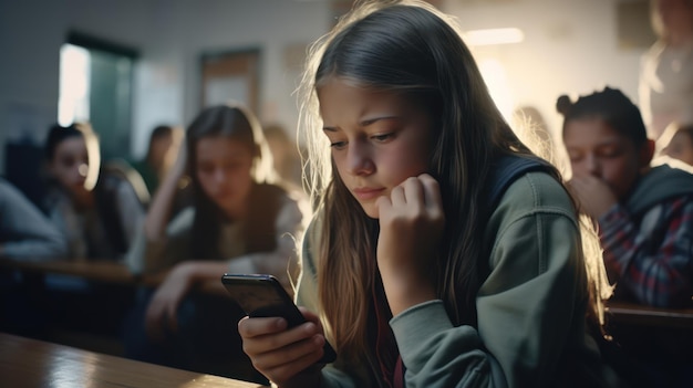 ガラスの部屋でスマートフォンを使っている女の子