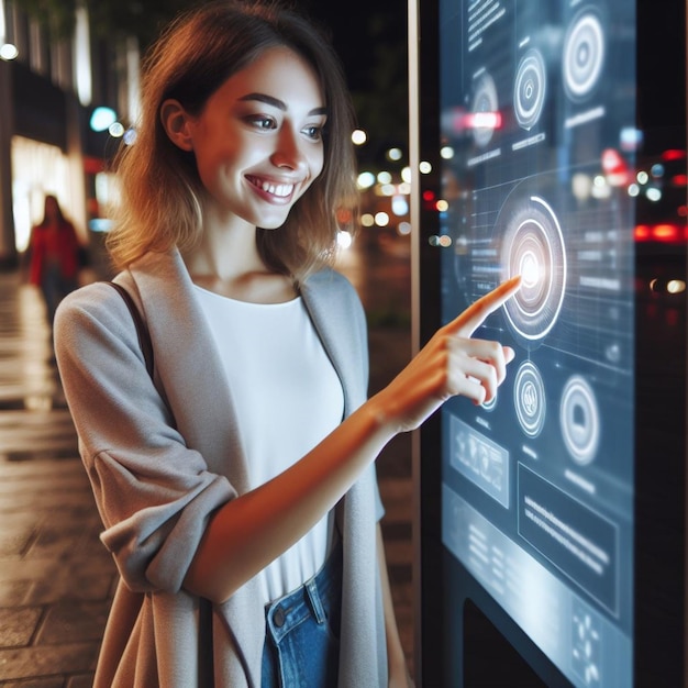 Foto ragazza che usa il touch screen in un luogo pubblico