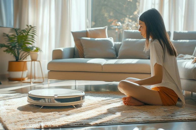 A girl and a vacuum cleaner cleaning the room