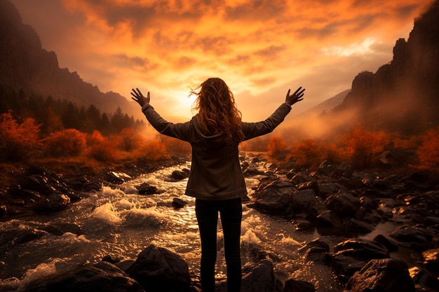 girl in the valley at sunset