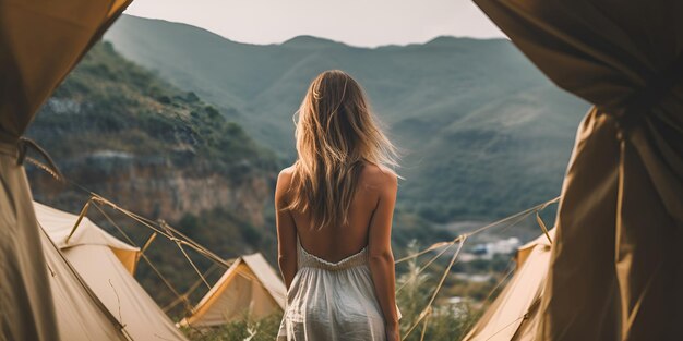後ろからの女の子の眺めは、旅行の山を背景にテント都市に立っています。