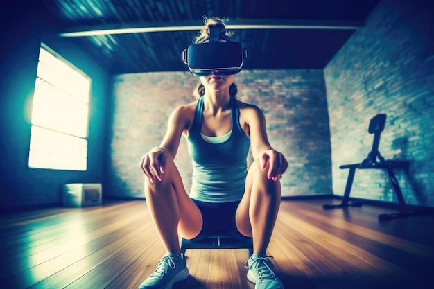 Girl in virtual 3D glasses in the gym Generative AI