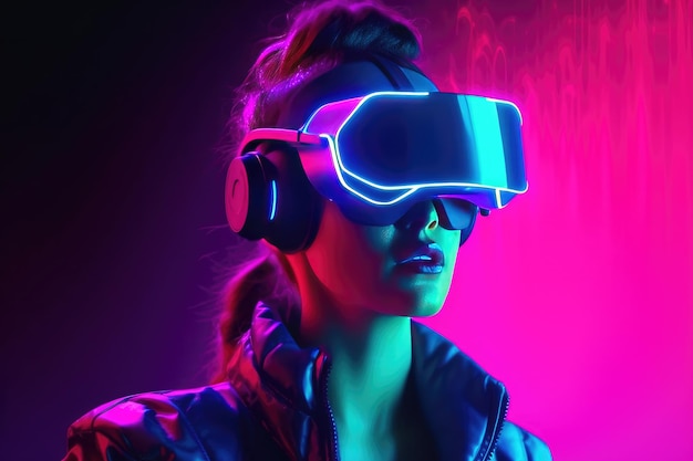 Girl in virtual reality glasses neon light metaverse
