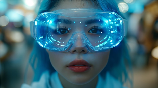 가상 현실 안경을 입은 소녀 VR 개념 기술과 AI 개념 미래의 이미지