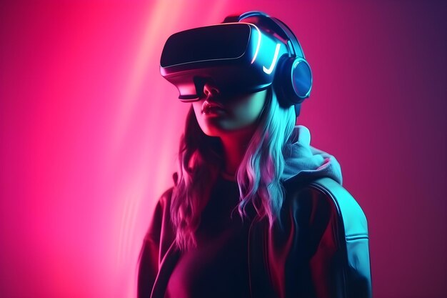 A girl in virtual reality headset on purple background with neon lights