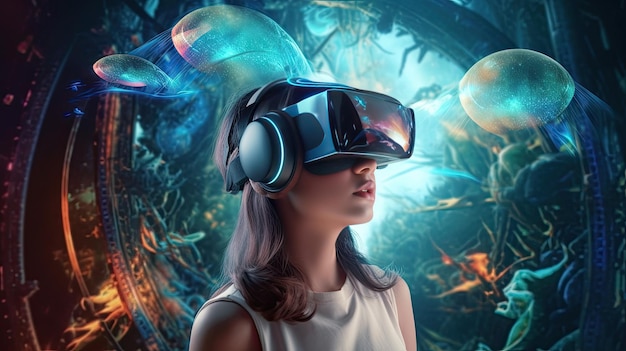 Girl in VR headset glasses in fantastic metaverse virtual world Generative AI