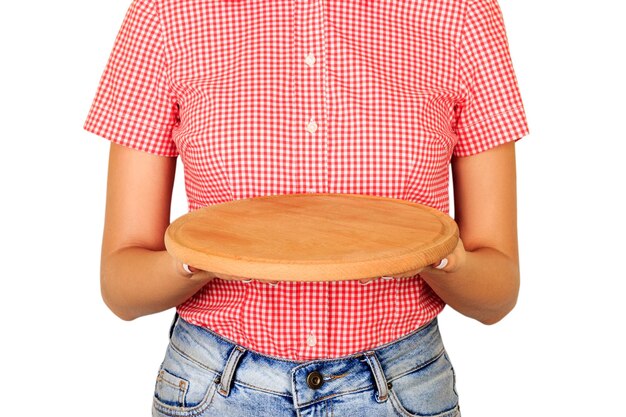 Photo girl waiter holding a wooden empty board perspective view