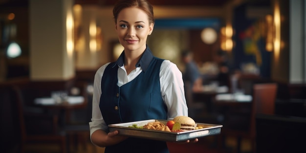 A girl waitress in a special uniform stands in a restaurant with a dish Generative AI