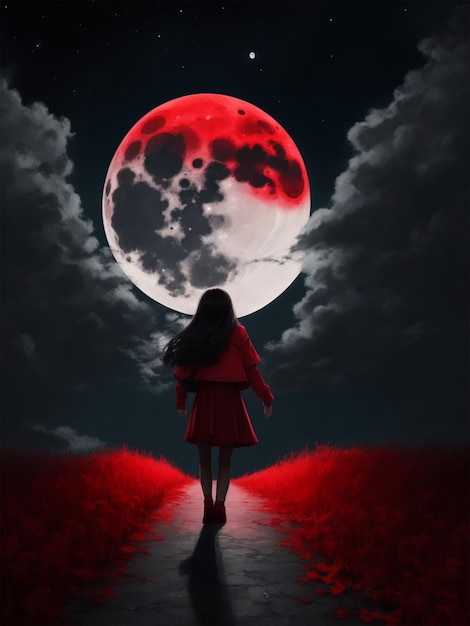 Photo girl walk alone red dark night