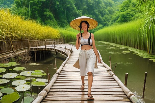 Photo a girl walking alone on a the wooden bridge on the lake pang ung thailand