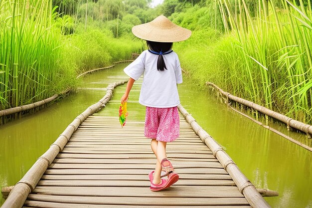 A girl walking alone on a the wooden bridge on the lake pang ung thailand