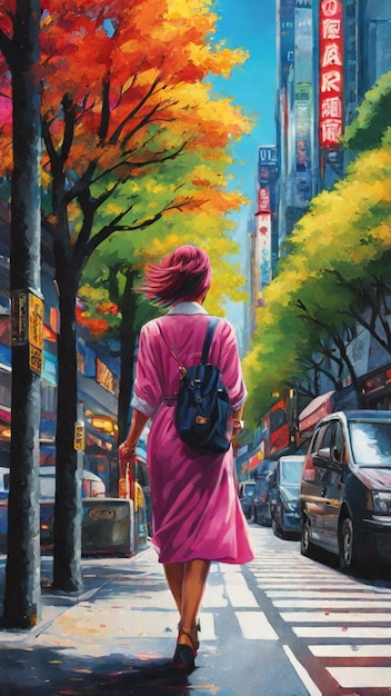 girl walking along a bustling city boulevard in a popart portrayal