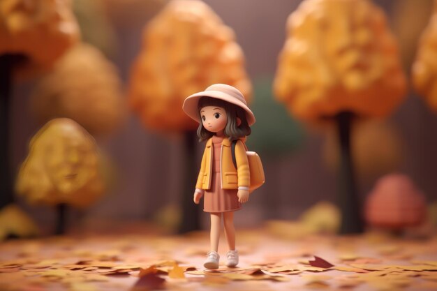 A girl walking in autumn season concept 3d Tiny cute isometric Generative AI