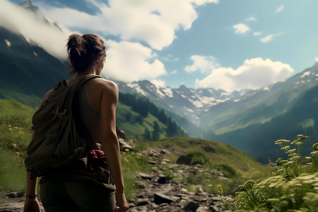 Девушка, идущая по большим горам с рюкзаком.